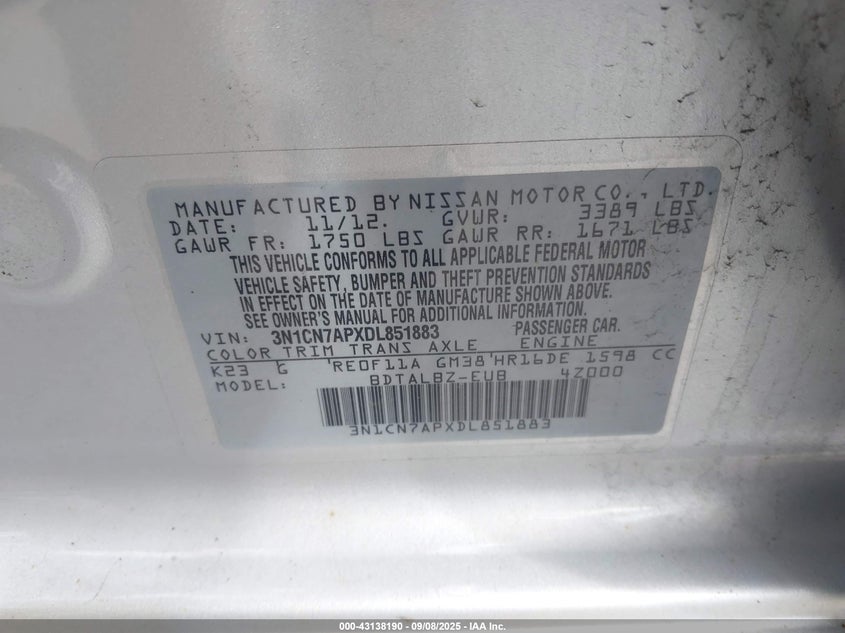 2013 NISSAN VERSA S/S PLUS/SV/SL 3N1CN7APXDL851883