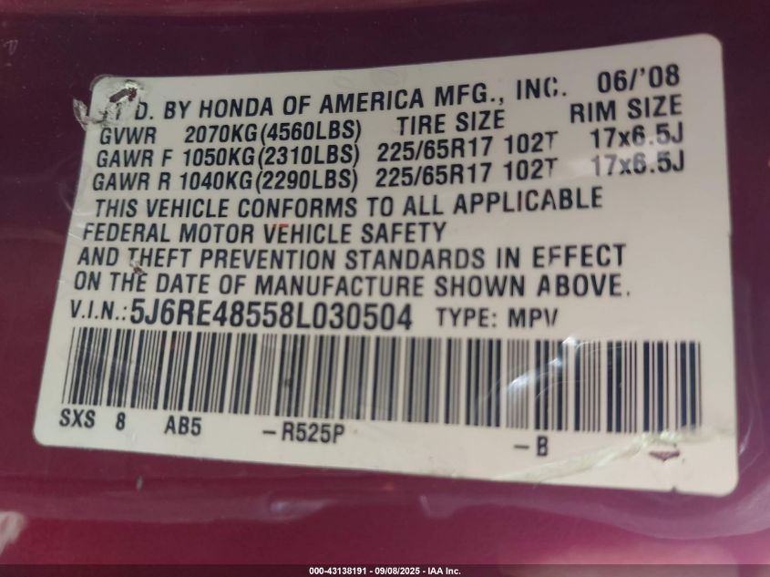 2008 Honda Cr-V Ex VIN: 5J6RE48558L030504 Lot: 43138191