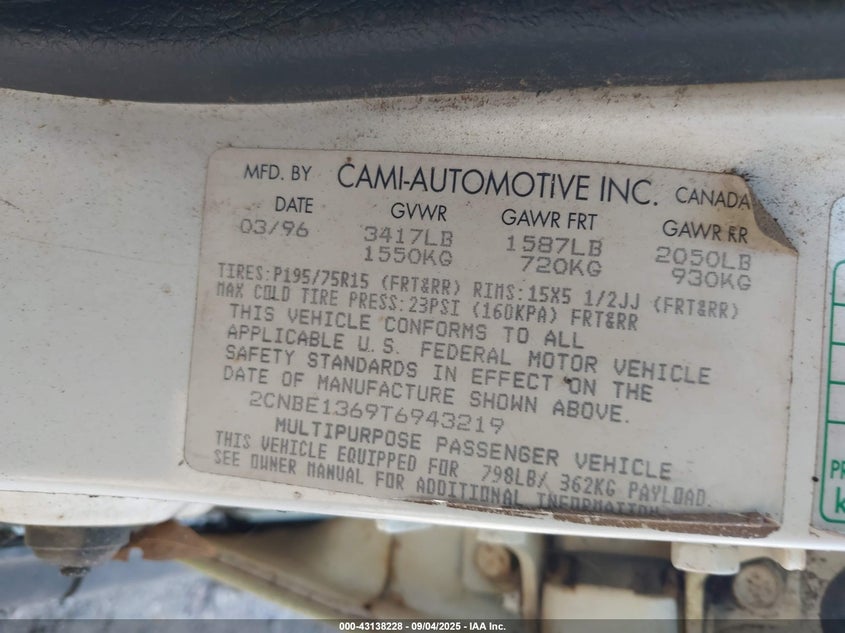 1996 Geo Tracker VIN: 2CNBE1369T6943219 Lot: 43138228