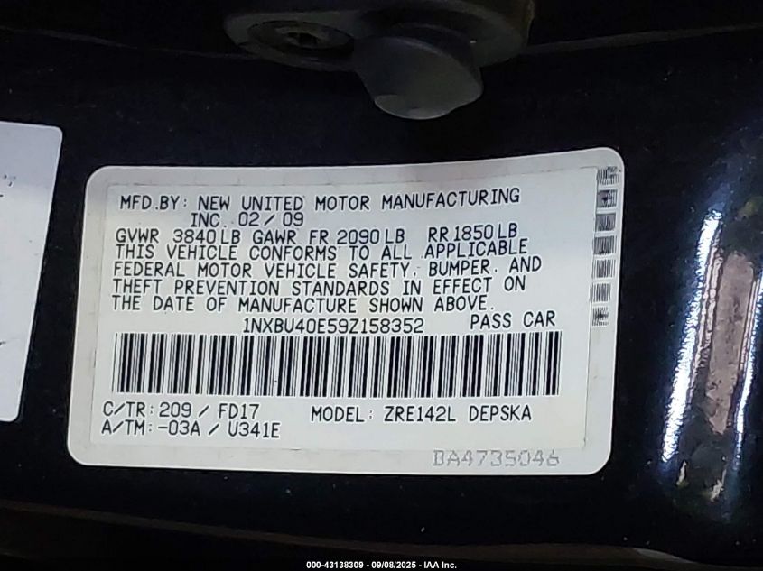 2009 Toyota Corolla S/Le/Xle VIN: 1NXBU40E59Z158352 Lot: 43138309