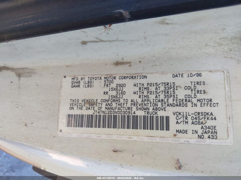 1997 Toyota T100 Dx V6 VIN: JT4TN12D3V0030914 Lot: 43138310