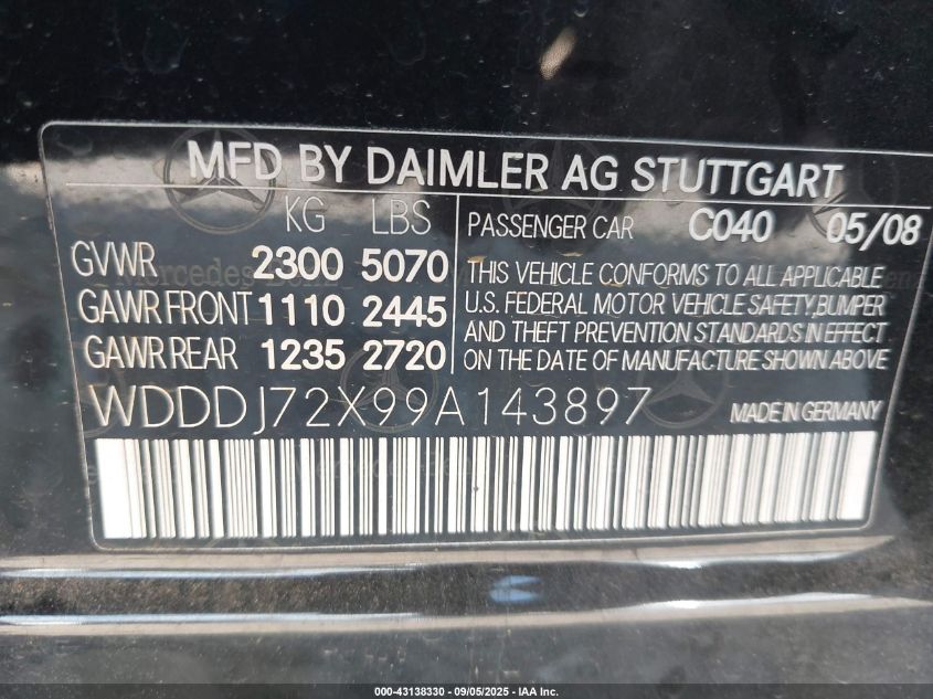 2009 Mercedes-Benz Cls 550 VIN: WDDDJ72X99A143897 Lot: 43138330