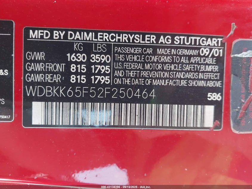 2002 Mercedes-Benz Slk 320 VIN: WDBKK65F52F250464 Lot: 43138396