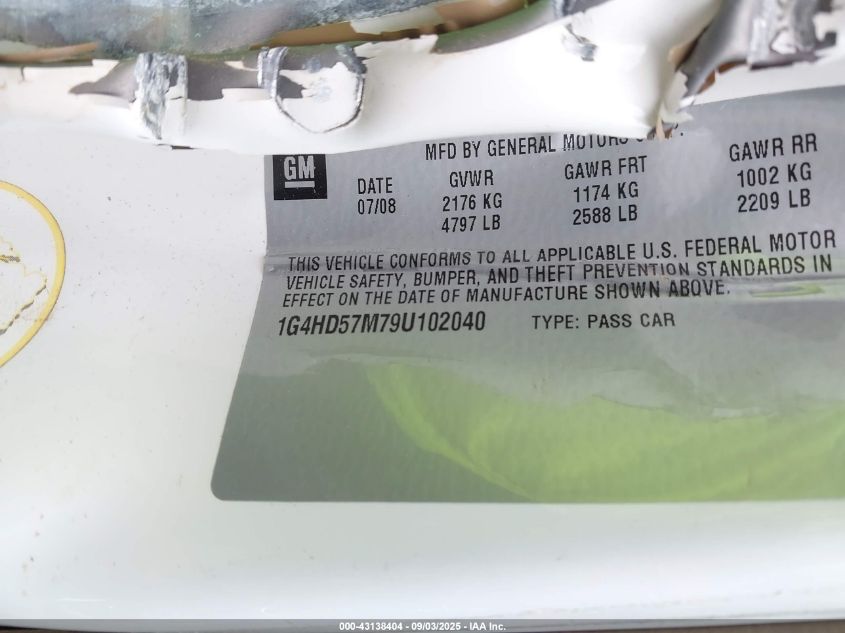 2009 Buick Lucerne Cxl VIN: 1G4HD57M79U102040 Lot: 43138404