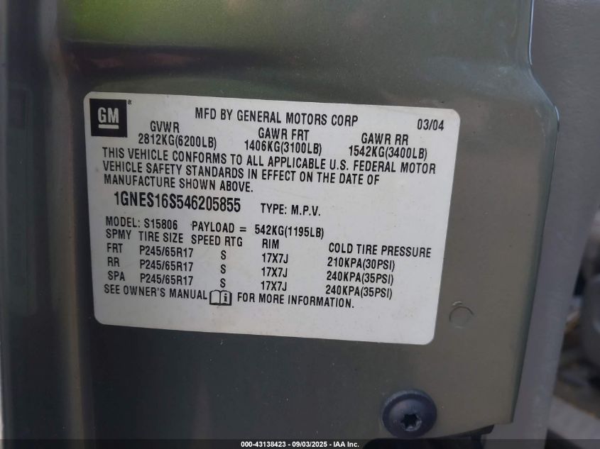 2004 Chevrolet Trailblazer Ext Lt VIN: 1GNES16S546205855 Lot: 43138423