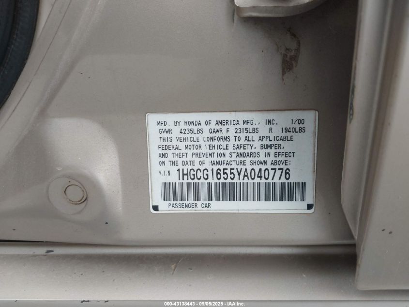 2000 Honda Accord 3.0 Ex VIN: 1HGCG1655YA040776 Lot: 43138443