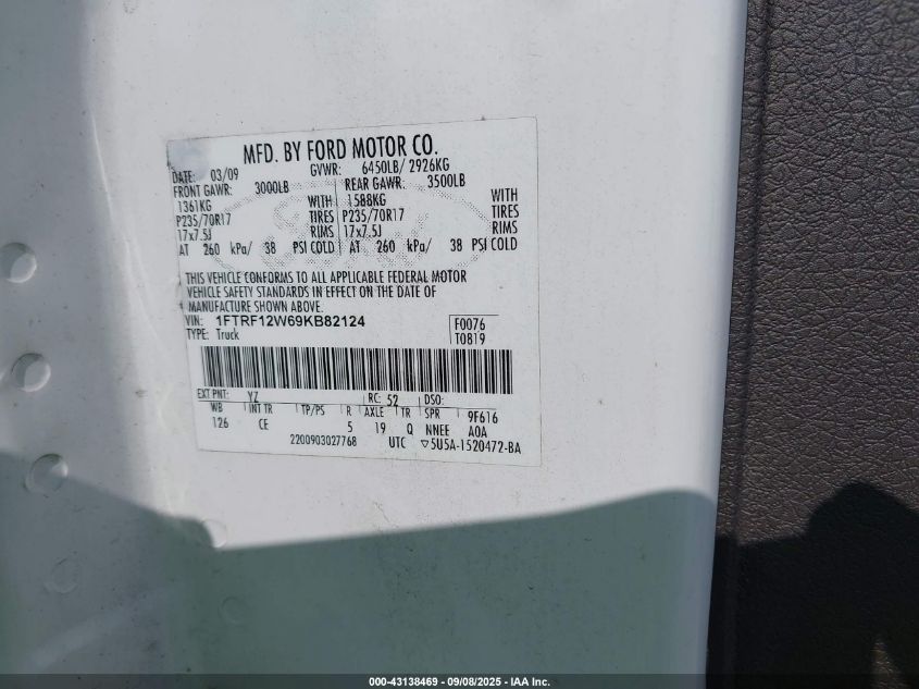 2009 Ford F-150 Stx/Xl/Xlt VIN: 1FTRF12W69KB82124 Lot: 43138469