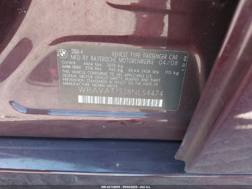 2008 BMW 328I VIN: WBAVA37528NL54474 Lot: 43138509