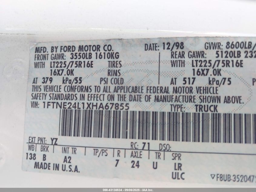 1999 Ford E-250 Commercial/Recreational VIN: 01FTNE24L1XHA6785 Lot: 43138534