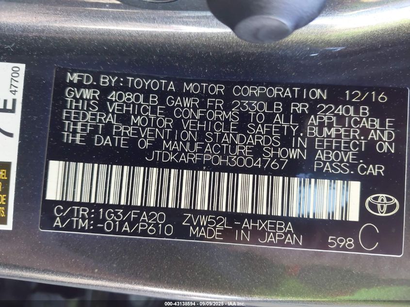 2017 Toyota Prius Prime Plus VIN: JTDKARFP0H3004767 Lot: 43138594