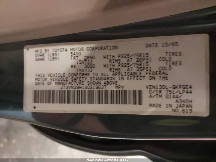 1995 Toyota 4Runner Vn39 Sr5 VIN: JT3VN39W1S0219637 Lot: 43138708