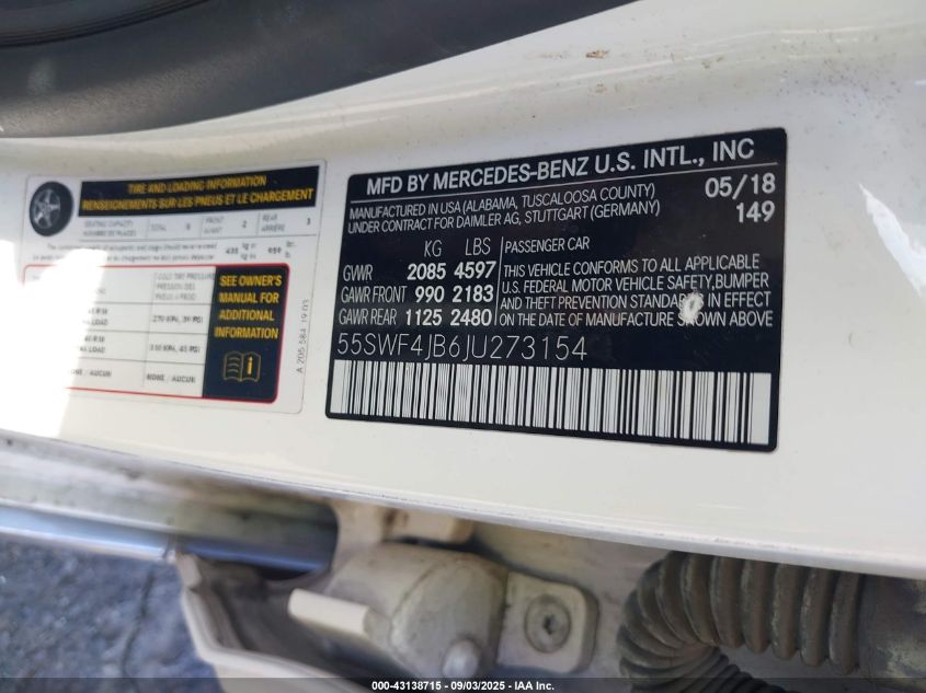 2018 Mercedes-Benz C 300 VIN: 55SWF4JB6JU273154 Lot: 43138715
