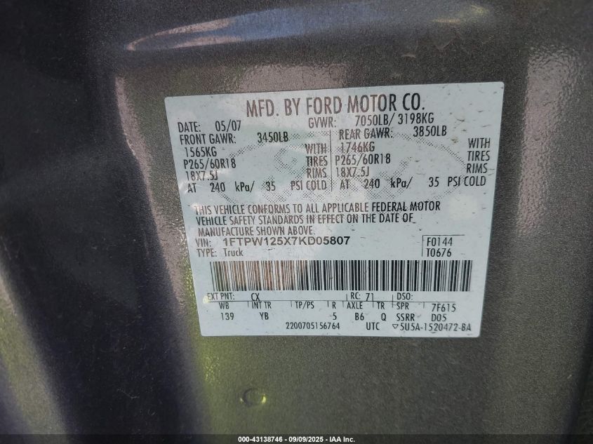 2007 Ford F-150 Lariat/Xlt VIN: 1FTPW125X7KD05807 Lot: 43138746