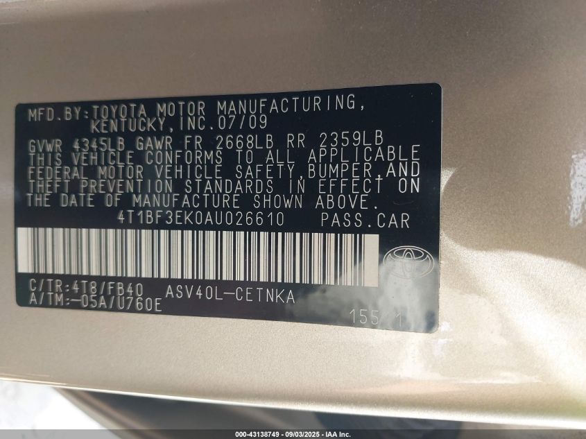 2010 Toyota Camry Le VIN: 4T1BF3EK0AU026610 Lot: 43138749