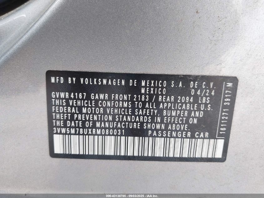 2024 Volkswagen Jetta 1.5T S VIN: 3VW5M7BUXRM080031 Lot: 43138785