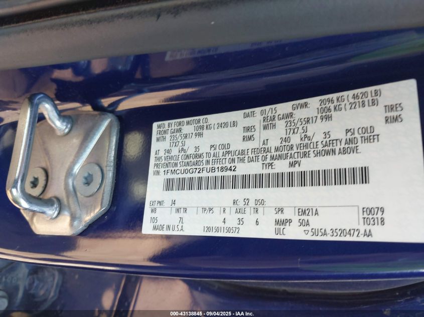 2015 Ford Escape Se VIN: 1FMCU0G72FUB18942 Lot: 43138845