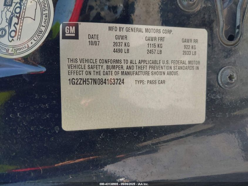 2008 Pontiac G6 Gt VIN: 1G2ZH57N084163724 Lot: 43138905