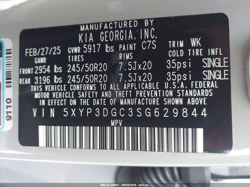 2025 Kia Telluride Ex X-Line VIN: 5XYP3DGC3SG629844 Lot: 43138981