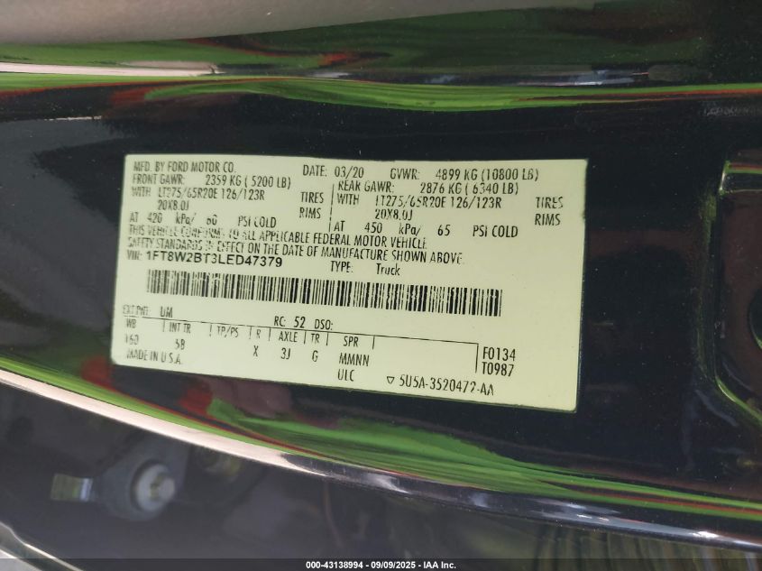 2020 Ford F-250 Lariat VIN: 1FT8W2BT3LED47379 Lot: 43138994