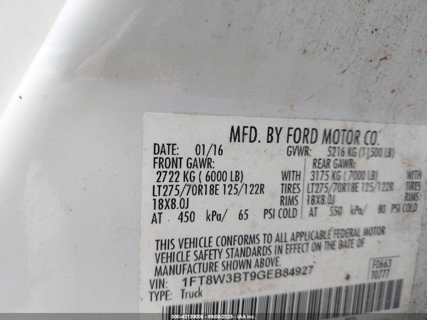 2016 Ford F350 Super Duty VIN: 1FT8W3DT2GEB84927 Lot: 43139006