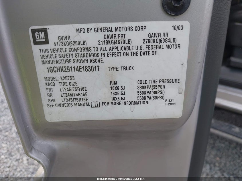 2004 Chevrolet Silverado 2500Hd Lt VIN: 1GCHK29114E183017 Lot: 43139007