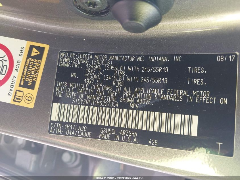 2017 Toyota Highlander Limited VIN: 5TDYZRFH1HS227054 Lot: 43139105