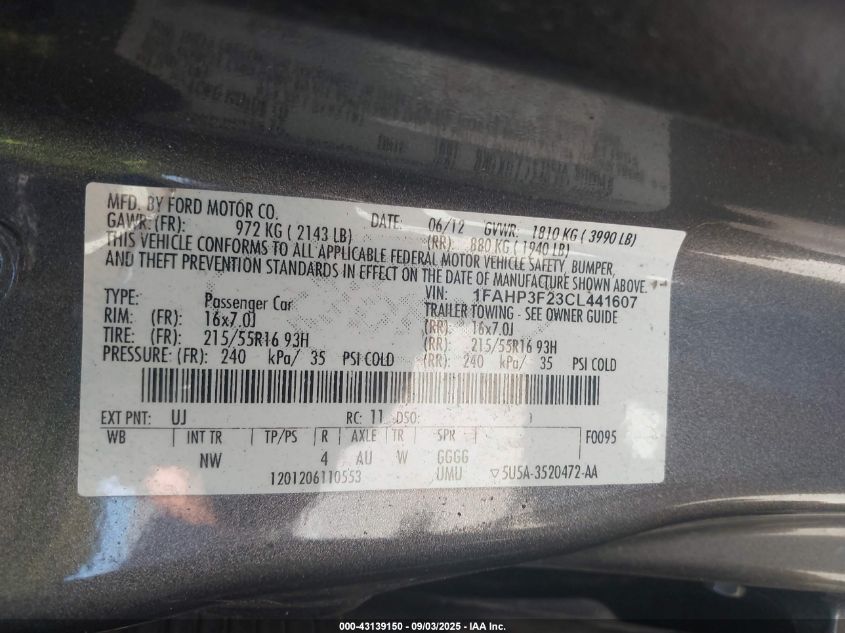 2012 Ford Focus Se VIN: 1FAHP3F23CL441607 Lot: 43139150