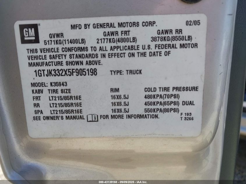 2005 GMC Sierra 3500 Slt VIN: 1GTJK332X5F905198 Lot: 43139168