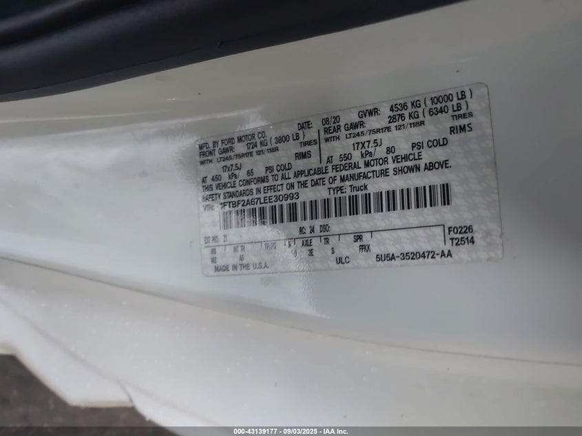 2020 FORD F-250 XL 1FTBF2A67LEE30993