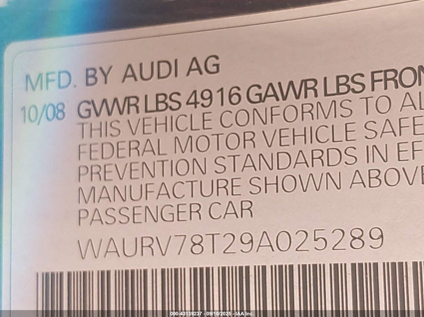 2009 Audi S5 4.2L VIN: WAURV78T29A025289 Lot: 43139237