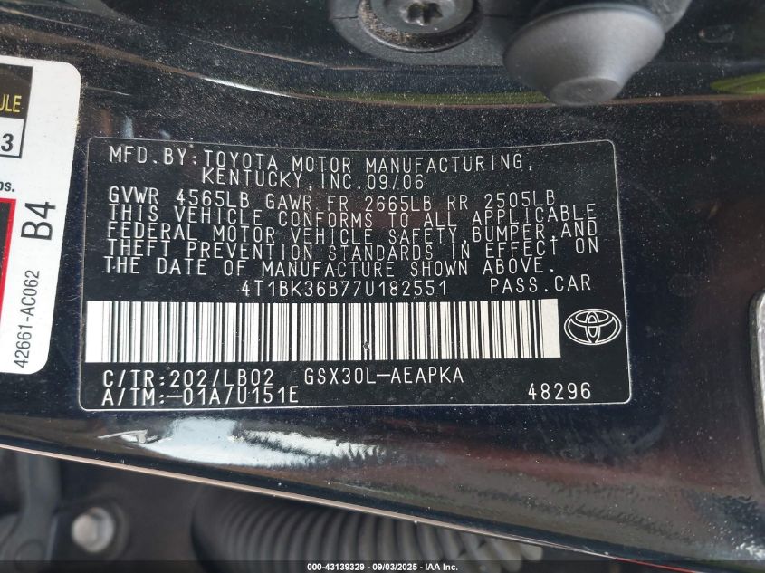 2007 Toyota Avalon Xl/Xls/Touring/Limited VIN: 4T1BK36B77U182551 Lot: 43139329