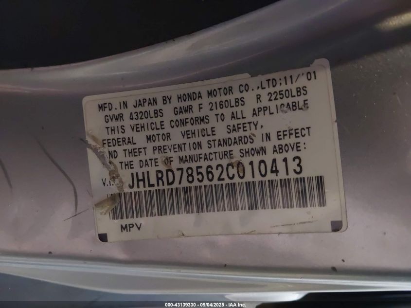 2002 Honda Cr-V Lx VIN: JHLRD78562C010413 Lot: 43139330