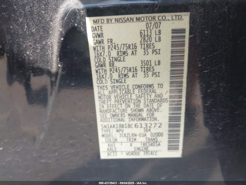 2008 Nissan Pathfinder S VIN: 5N1AR18B18C613272 Lot: 43139431