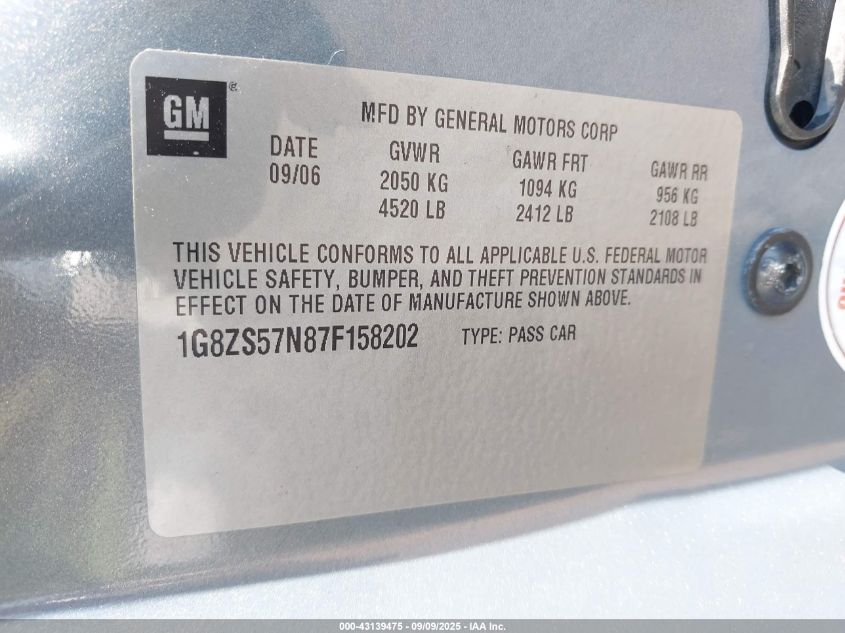 2007 Saturn Aura Xe VIN: 1G8ZS57N87F158202 Lot: 43139475