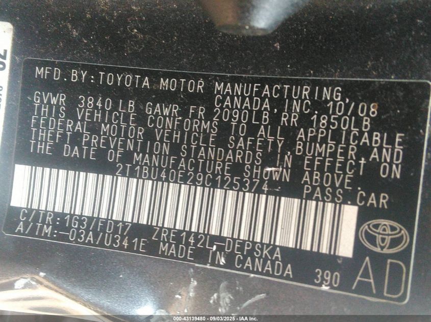 2009 Toyota Corolla S VIN: 2T1BU40E29C125374 Lot: 43139480