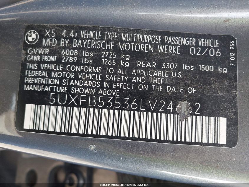 2006 BMW X5 4.4I VIN: 5UXFB53536LV24662 Lot: 43139484