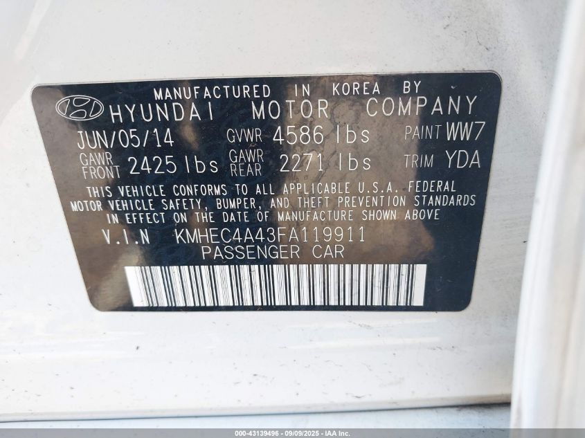 2015 Hyundai Sonata Hybrid VIN: KMHEC4A43FA119911 Lot: 43139496