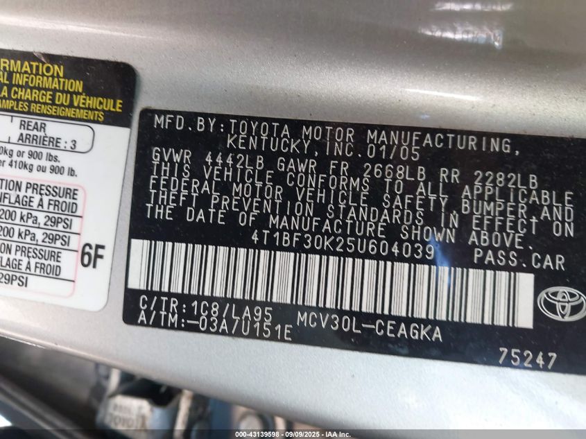 2005 Toyota Camry Xle V6 VIN: 4T1BF30K25U604039 Lot: 43139598