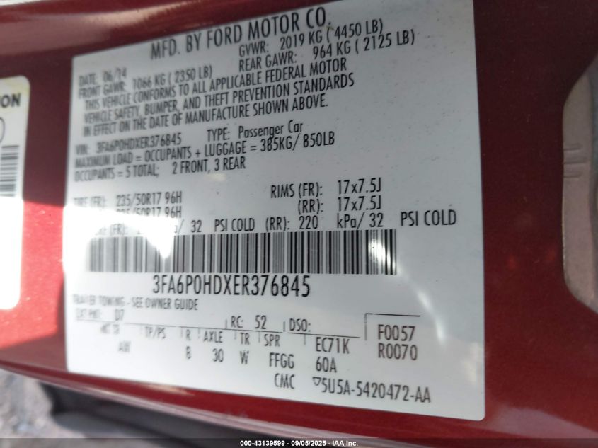 2014 Ford Fusion Se VIN: 3FA6P0HDXER376845 Lot: 43139599