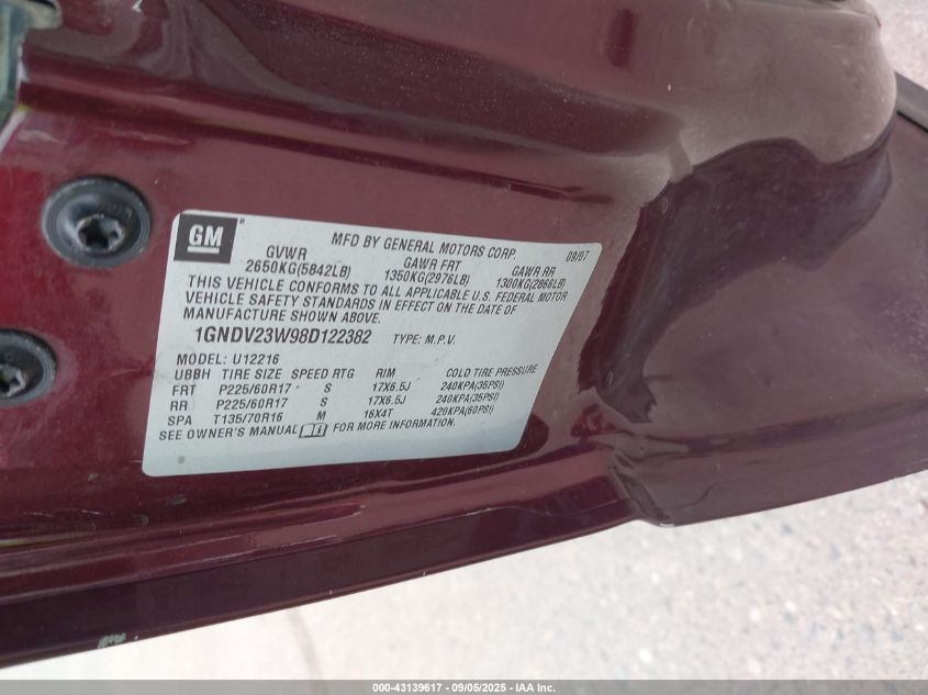 2008 Chevrolet Uplander Ls VIN: 1GNDV23W98D122382 Lot: 43139617