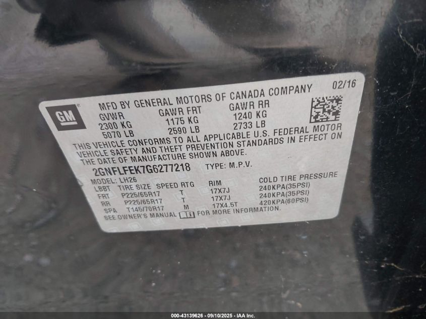 2016 Chevrolet Equinox Lt VIN: 2GNFLFEK7G6277218 Lot: 43139626