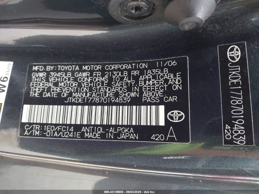 2007 Scion Tc VIN: JTKDE177870194839 Lot: 43139650