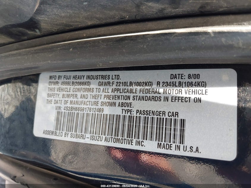 4S3BH665917612469 2001 SUBARU OUTBACK photo no. 9