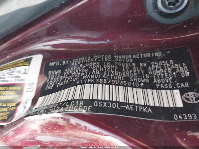 2009 Toyota Avalon Limited VIN: 4T1BK36B29U350101 Lot: 43139739