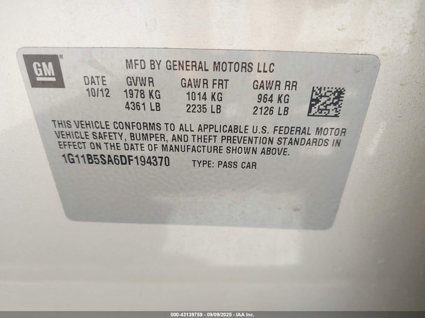 2013 Chevrolet Malibu 1Ls VIN: 1G11B5SA6DF194370 Lot: 43139759