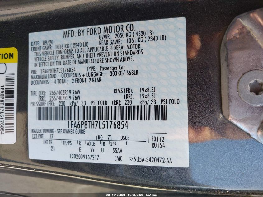 2020 Ford Mustang Ecoboost Fastback VIN: 1FA6P8TH7L5176854 Lot: 43139821