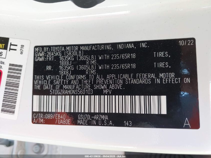 2022 Toyota Highlander Xle VIN: 5TDGZRAH0NS560103 Lot: 43139838