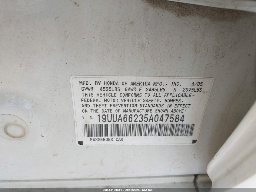 2005 Acura Tl VIN: 19UUA66235A047584 Lot: 43139841
