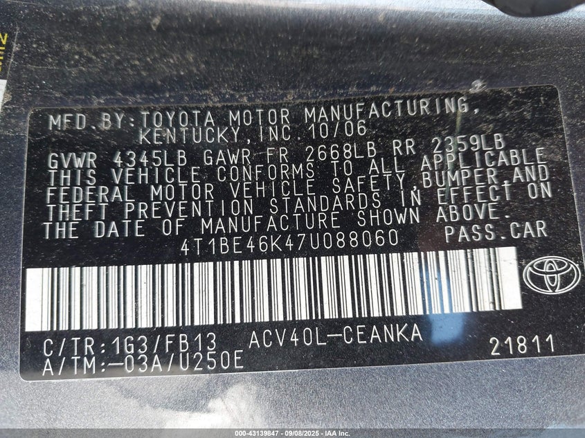 2007 Toyota Camry Le VIN: 4T1BE46K47U088060 Lot: 43139847