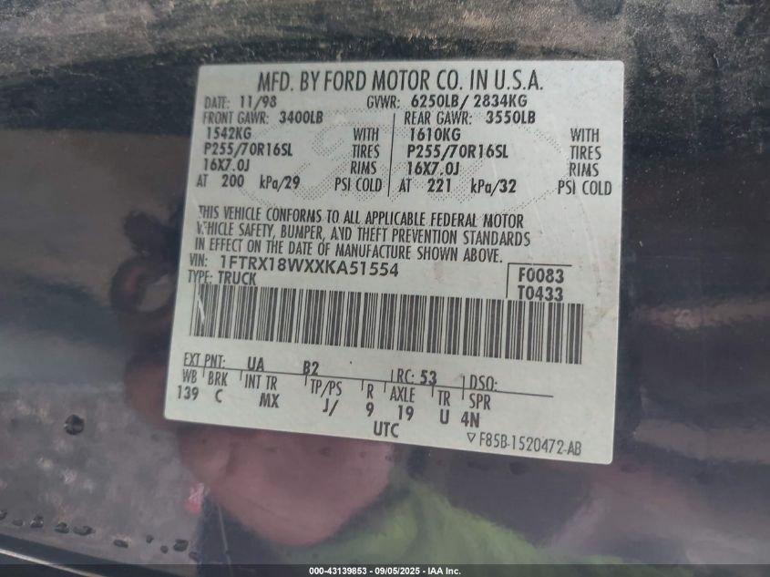 1999 Ford F-150 Lariat/Work Series/Xl/Xlt VIN: 1FTRX18WXXKA51554 Lot: 43139853